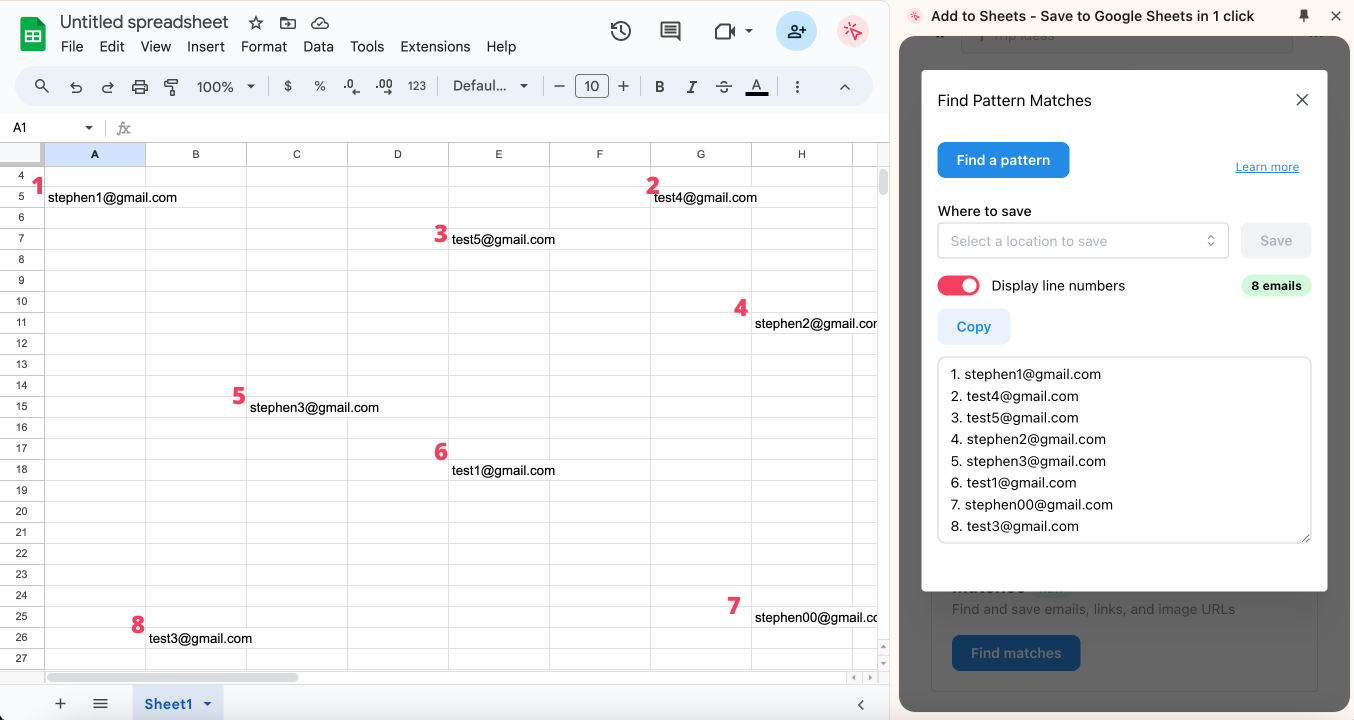 Find email addresses in Google spreadsheet matched