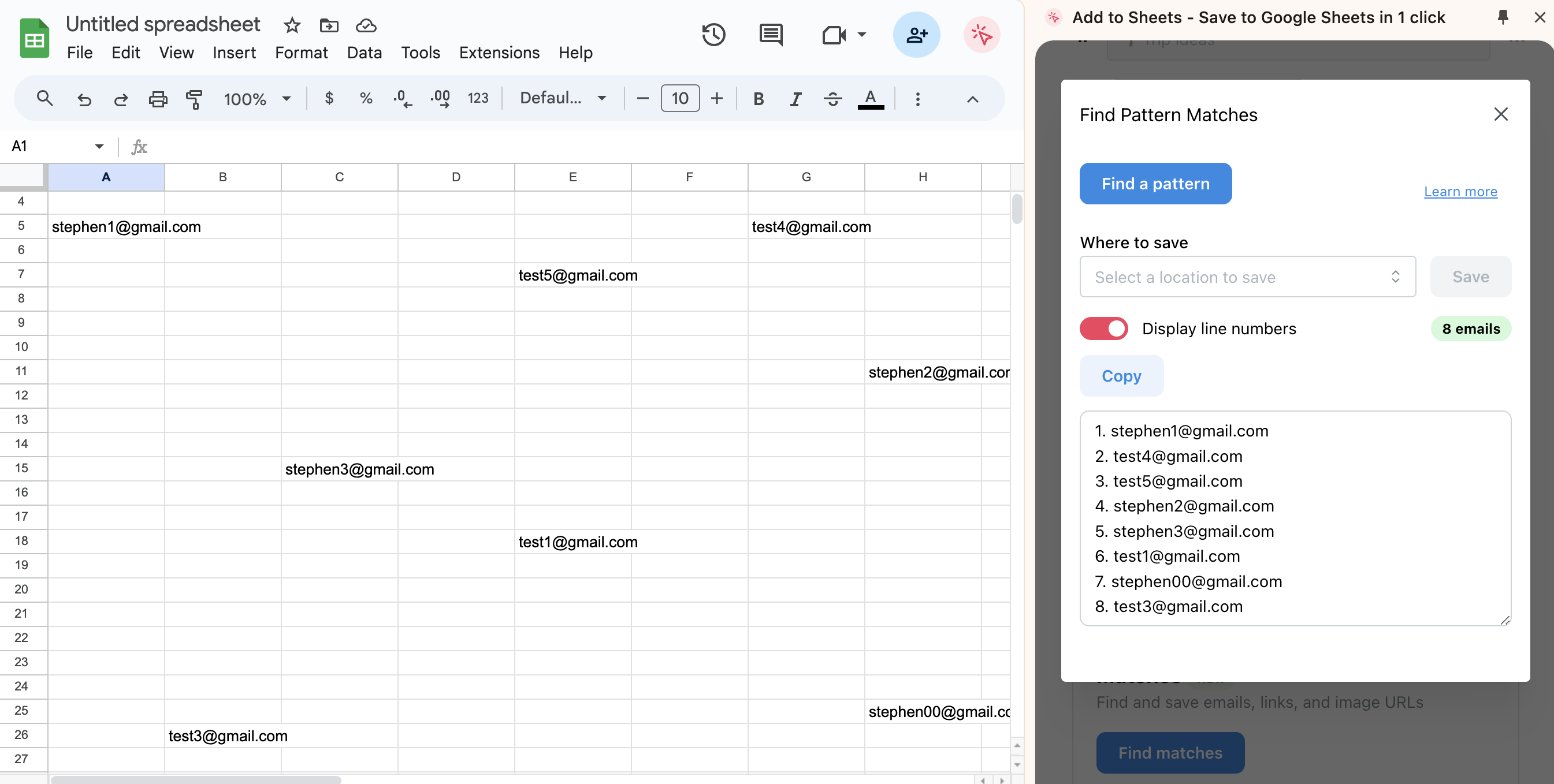 Find email addresses in Google spreadsheet