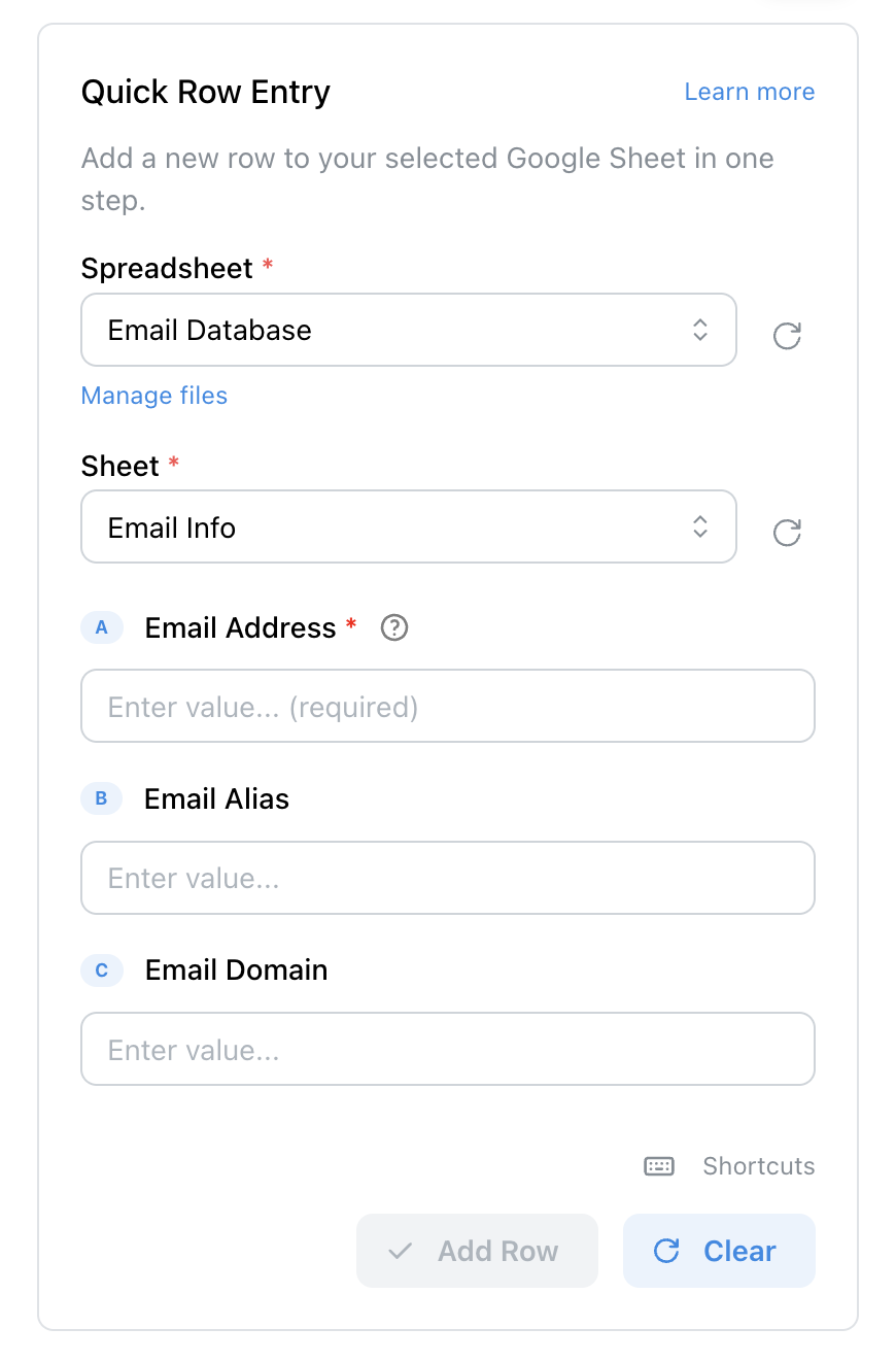 Quick Row Entry form — fill in all columns and save an entire row at once
