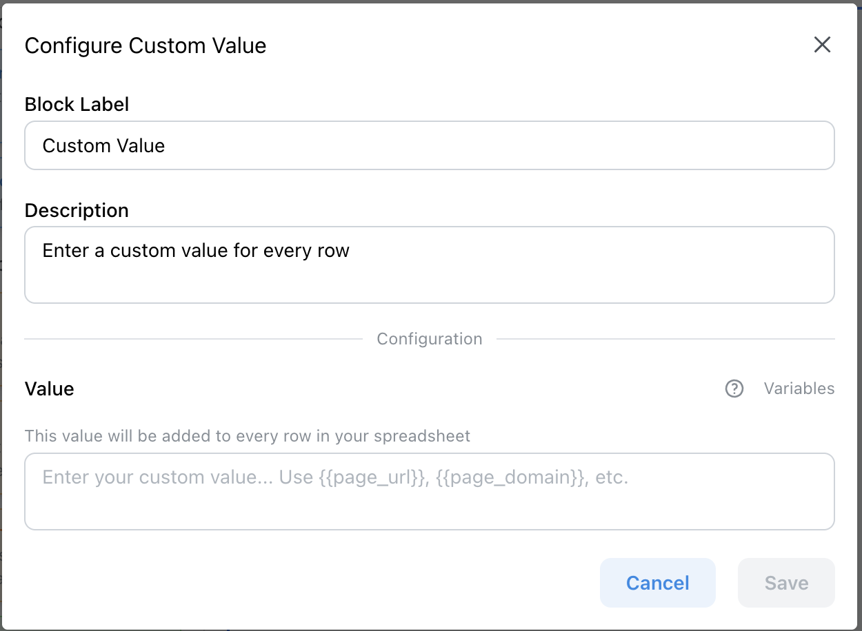 Configure Custom Value block — enter text, formulas, or page variables like page_url and page_domain