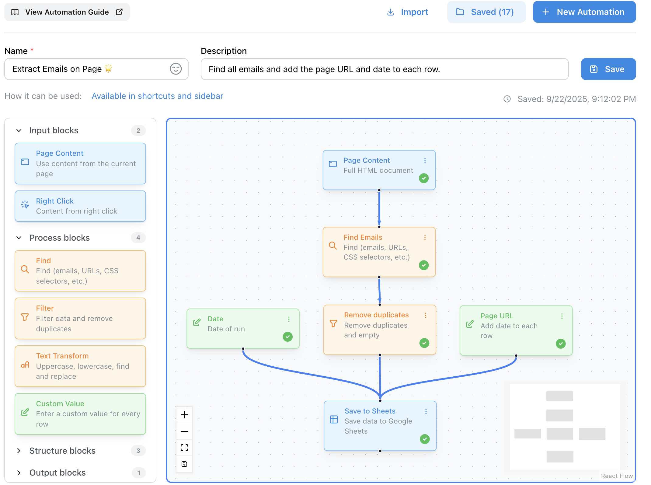 No-code Automations visual builder — drag-and-drop blocks to build data extraction workflows